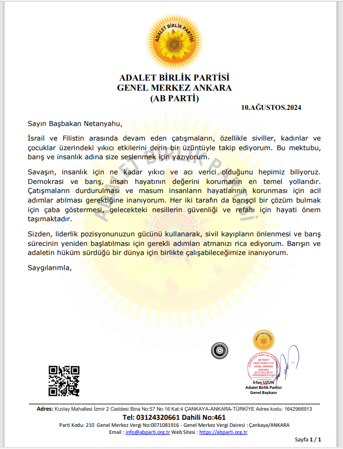 İRFAN UZUN DAN BİNYAMİN NETANYAHU İSRAİL DEVLET BAŞBAKANINA MEKTUP