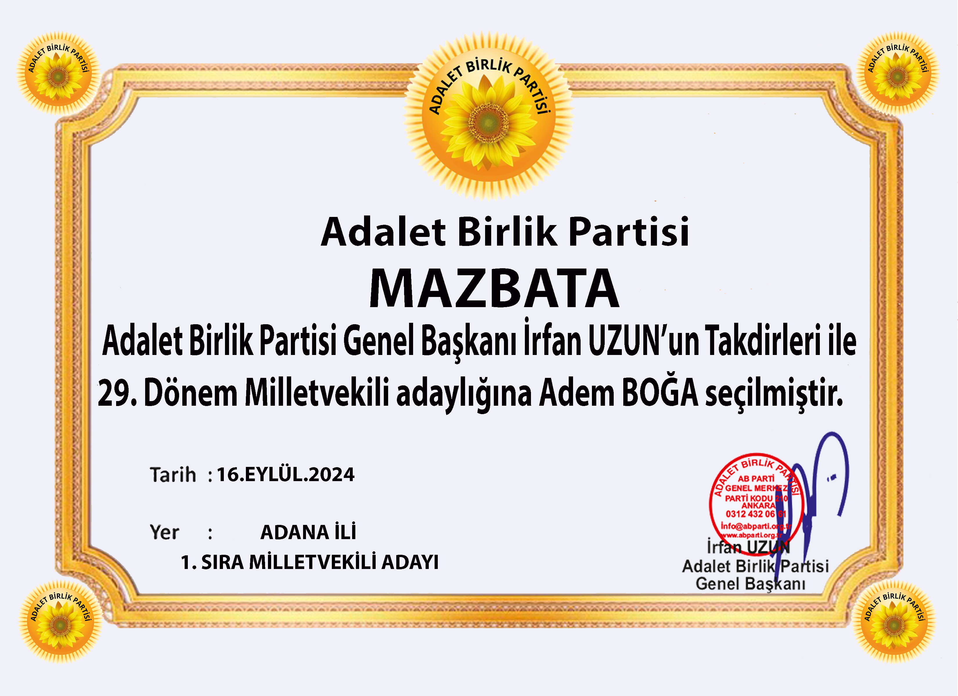 1 ADANA MİLLETVEKİLİ Mazbata