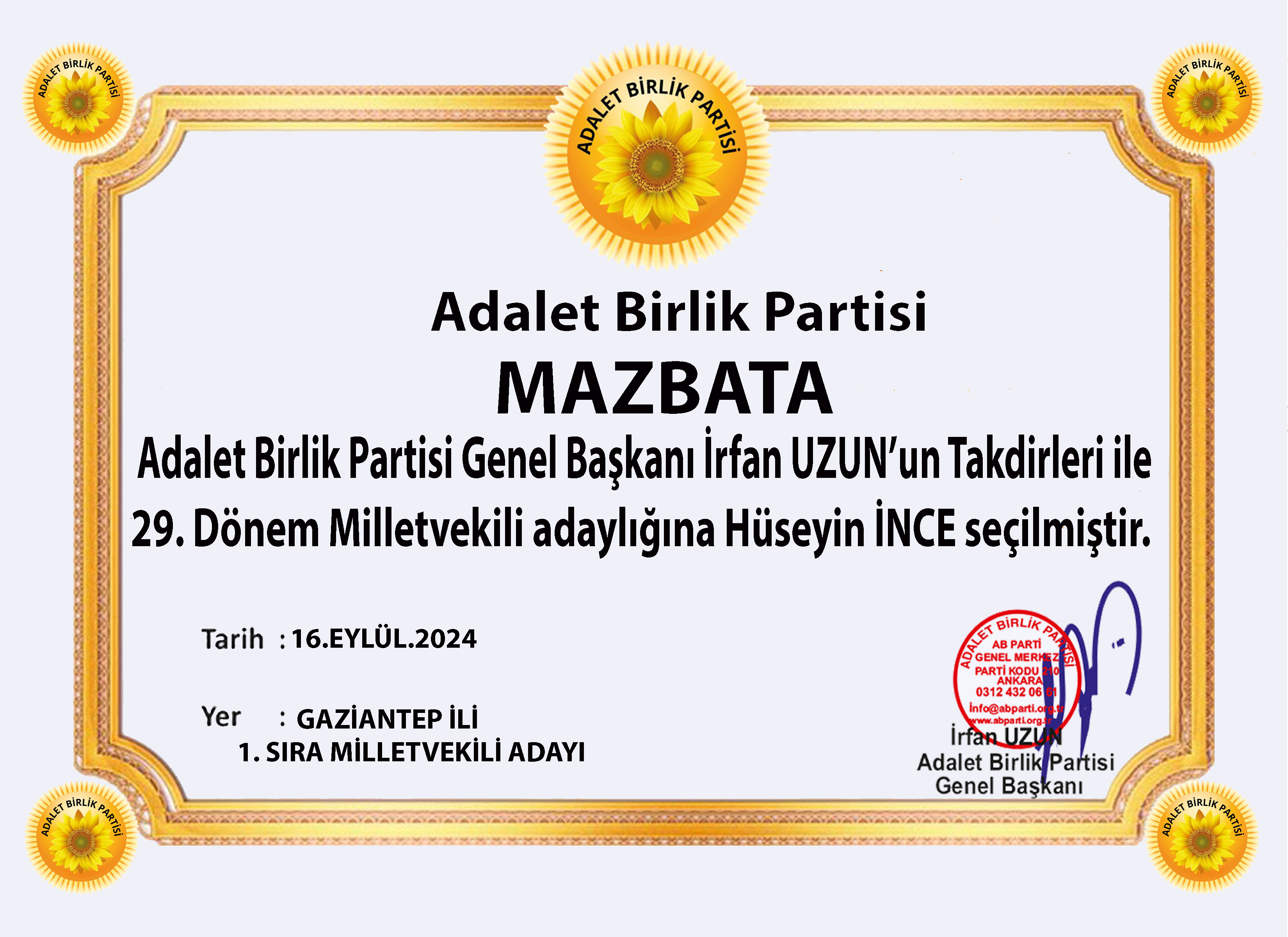 1 GAZİANTEP MİLLETVEKİLİ Mazbata